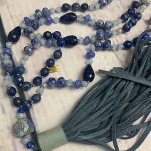 Pink Powder Faceted Bead Necklace with Leather Tassel Prayer Beads